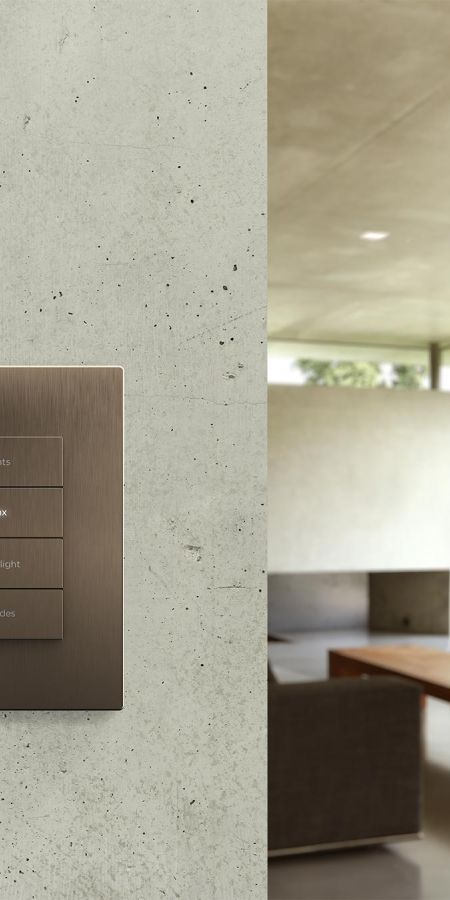 Wall-mounted smart lighting control panel with modern custom scene buttons